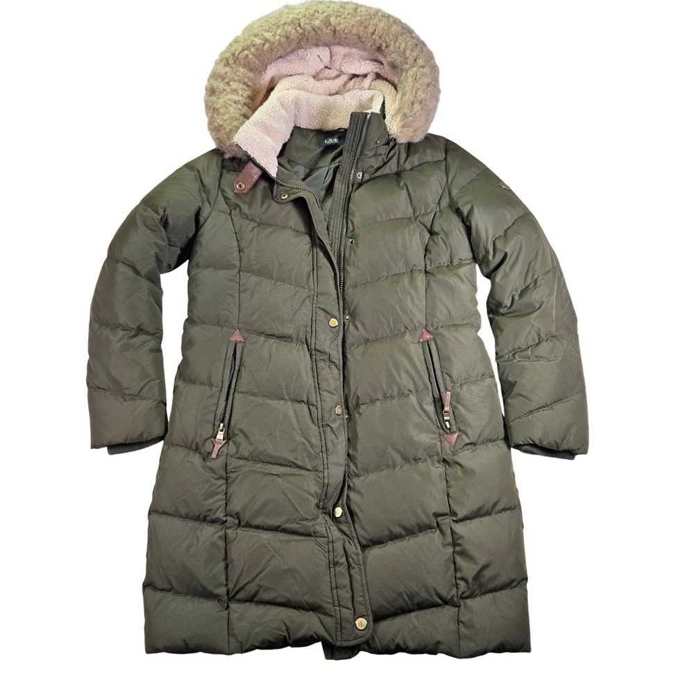 Lauren Ralph Lauren Down‎ Puffer Coat Womens M Olive Green Faux Fur Hood